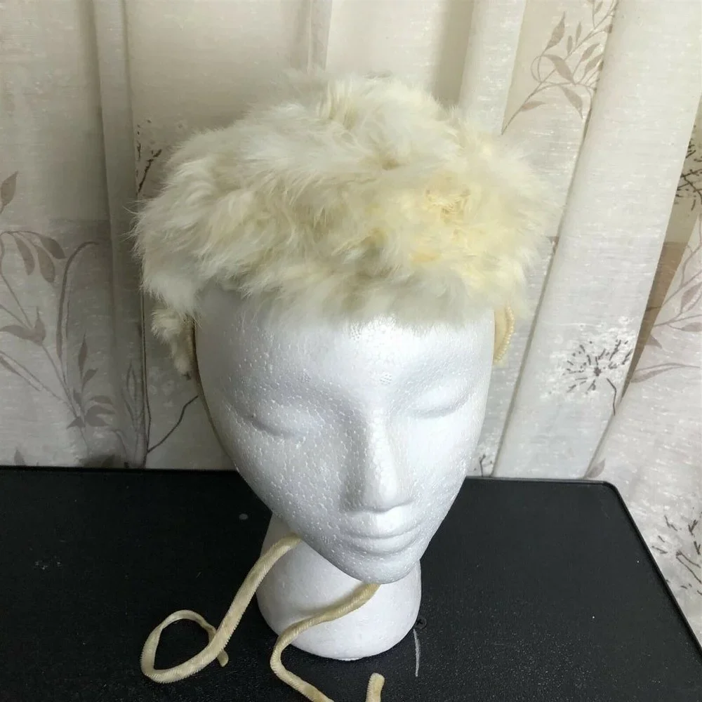 Vintage Fur Hat Child Size Ear Flaps Tie Neck White Soft